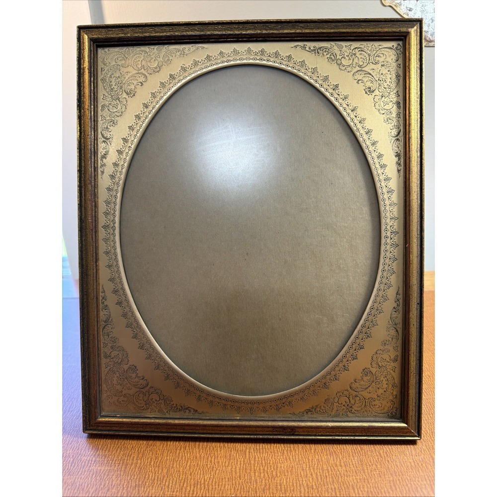 Vtg Gold Tone Metal Picture Frame Embossed Filigree Border Oval Opening 12x10"